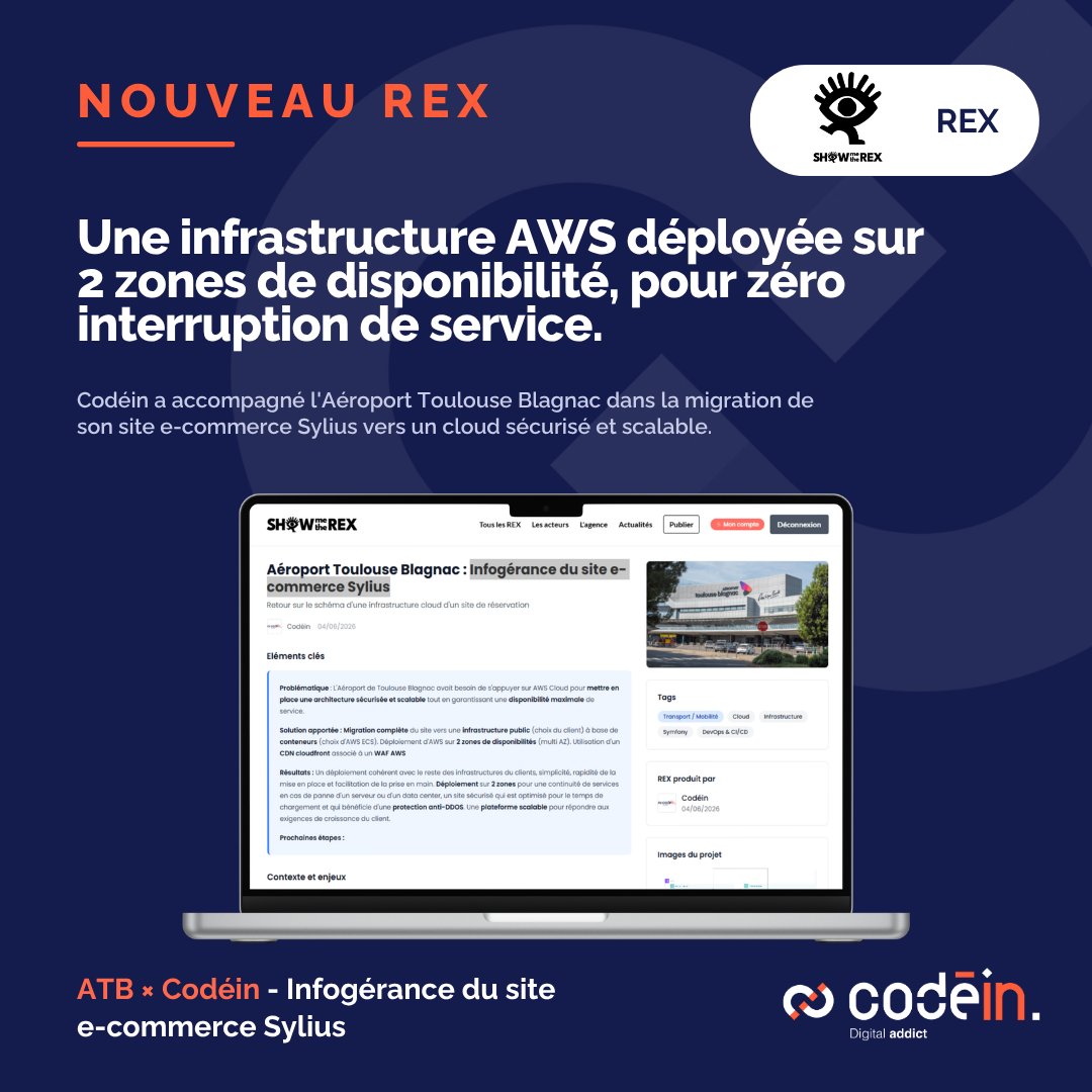wearecodein's tweet photo. 🔍 Infrastructure AWS sur 2 zones de disponibilité, zéro interruption : comment Codéin a migré le site e-commerce Sylius de l'Aéroport Toulouse Blagnac vers un cloud sécurisé et scalable.

Notre REX complet 👉 lien en commentaire.

#AWS #Cloud #Codéin https://t.co/9MpmWqplUh