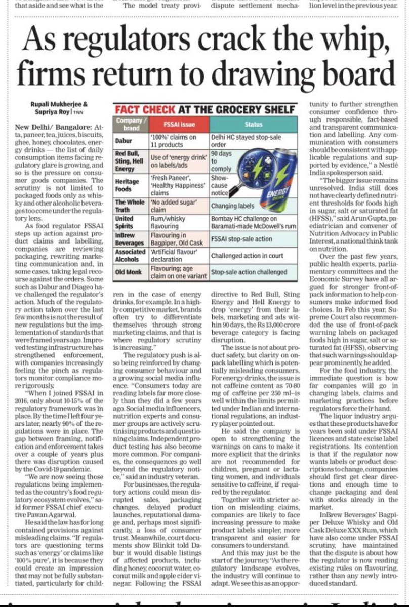 Rupalijee's tweet photo. For years now, across beauty, personal care as well as #food and #beverage categories, widespread use of exaggerated claims and unsubstantiated #health benefits have been observed. 
The intensified crackdown by @fssaiindia over the last few months on product claims and #labelling is forcing a fundamental rethink of how #FMCG companies market and package their products. Companies are revisiting packaging and reassessing product claims as reported in our latest story in @timesofindia.  #FOPL #advertising #PacketKeAndarKyaHai #consumer
@supriya_speaks