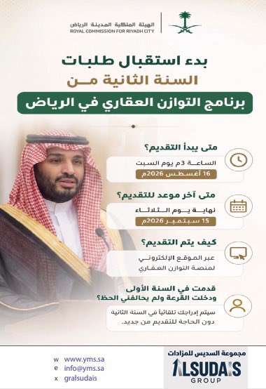 gralsudais's tweet photo. أعلنت الهيئة الملكية لمدينة الرياض عن بدء استقبال طلبات "السنة الثانية" من برنامج التوازن العقاري.

يبدأ التقديم: السبت 16 أغسطس 2026م (الساعة 3 مساءً).

#مجموعة_السديس_للمزادات #الرياض #المملكة #مزاد #مزادات #مزادات_عقارية #عقارات_السعودية https://t.co/fJQZ4QH9s4