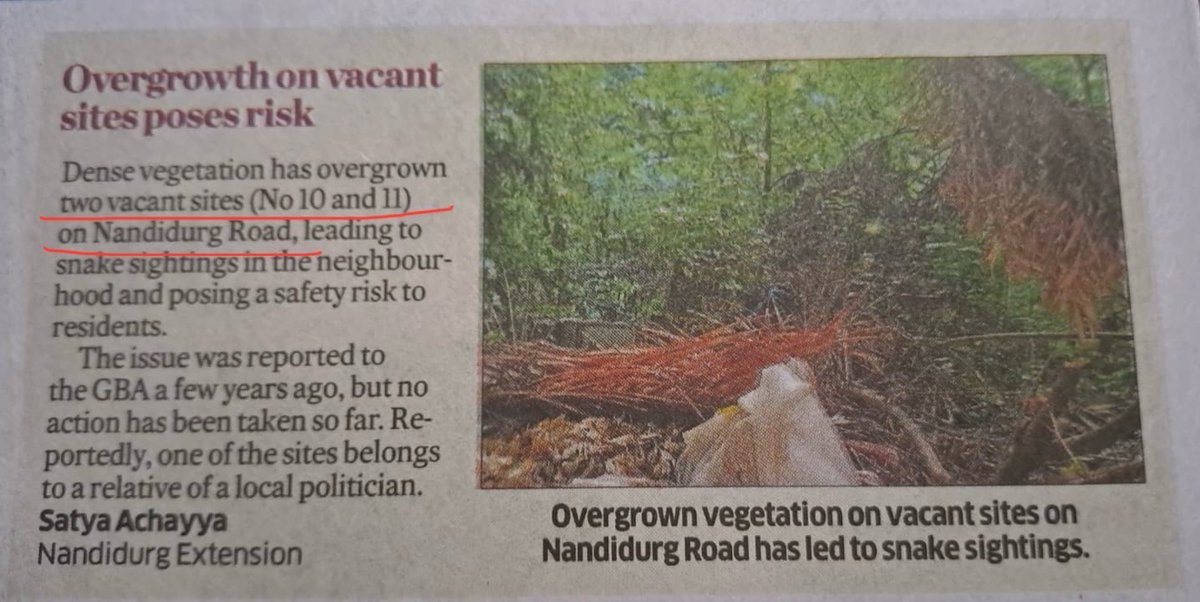 Sunitarocque's tweet photo. ⁦@GBAChiefComm⁩ attached is a newspaper clip highlighting two vacant sites on Nandidurga Road which we as residents have been complaining about for the last few years. Official complaint also lodged with your office. No action to date. Please help get this resolved https://t.co/1ZraVfzzrZ