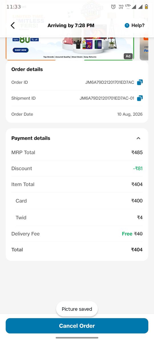 AkashSinghMehr4's tweet photo. Hey @JioMart_Support 
I had ordered some items yesterday but still didn't got them delivered. 
Please look into this and deliver it ASAP.
@JioMart 
Order id - JM6A79D21201701ED7AC
Shipment id - JM6A79D21201701ED7AC-01 https://t.co/Q7niBYJ73W