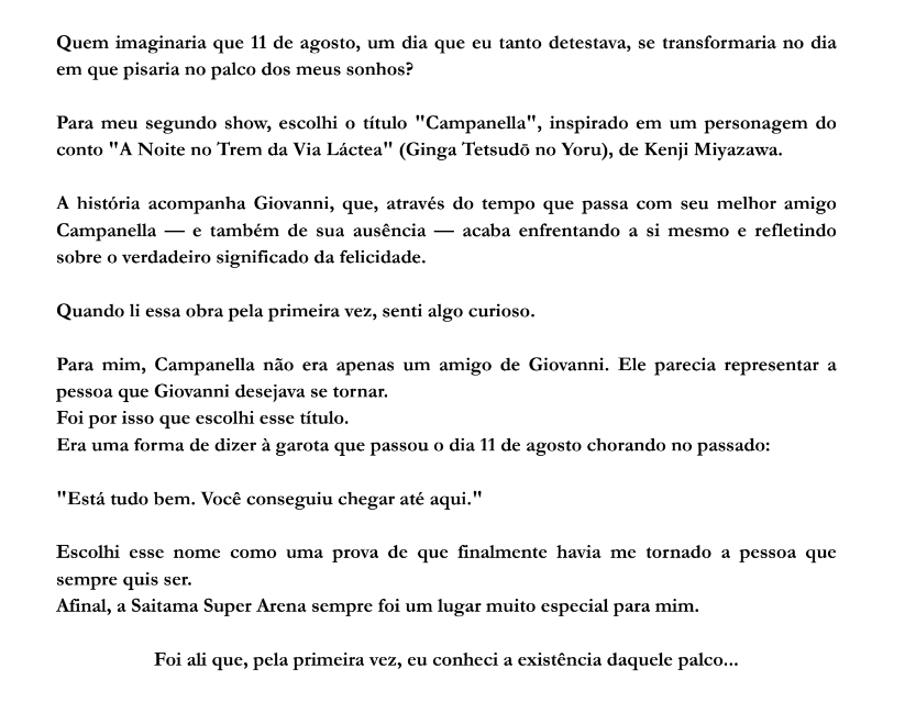 luiz1106imokenp's tweet photo. 11 de agosto! 

é um dia bem específico que a Ado cita algumas vezes em Vivarium, com um significado negativo, mas que também foi ressignificado depois

"Mas o dia 11 de agosto tinha um significado muito especial para mim.
Era, na verdade, o pior dia da minha vida.

Dois anos antes, em 11 de agosto de 2020, meu mangá favorito, Act-Age, havia sido encerrado. Um ano depois, em 11 de agosto de 2021, eu estava tão envergonhada pelo blog que havia escrito que acabei chorando desesperadamente ao telefone com Chigira-san.
Por isso, eu só fazia um pedido: que pelo terceiro ano consecutivo nada de ruim acontecesse
naquele dia."

especificamente, nesse dia em 2021, foi o dia que a Ado muito cansada mentalmente despejou muitos sentimentos negativos em um blog, incluindo o fato de que ela queria morrer (e por isso tomou esporro do Chigira na época)

mas depois, acabou se tornando um número especial pra ela, pois, por coincidência, nesse mesmo dia, caiu o dia da segunda apresentação ao vivo da Ado (Campanella), onde ela finalmente realizaria seu sonho de se apresentar no Saitama Super Arena, além disso, New Genesis tinha se tornado a primeira música japonesa na história e ficar em top 1 no mundo no Top 100 Global da Apple Music ao mesmo tempo em que o show acontecia!