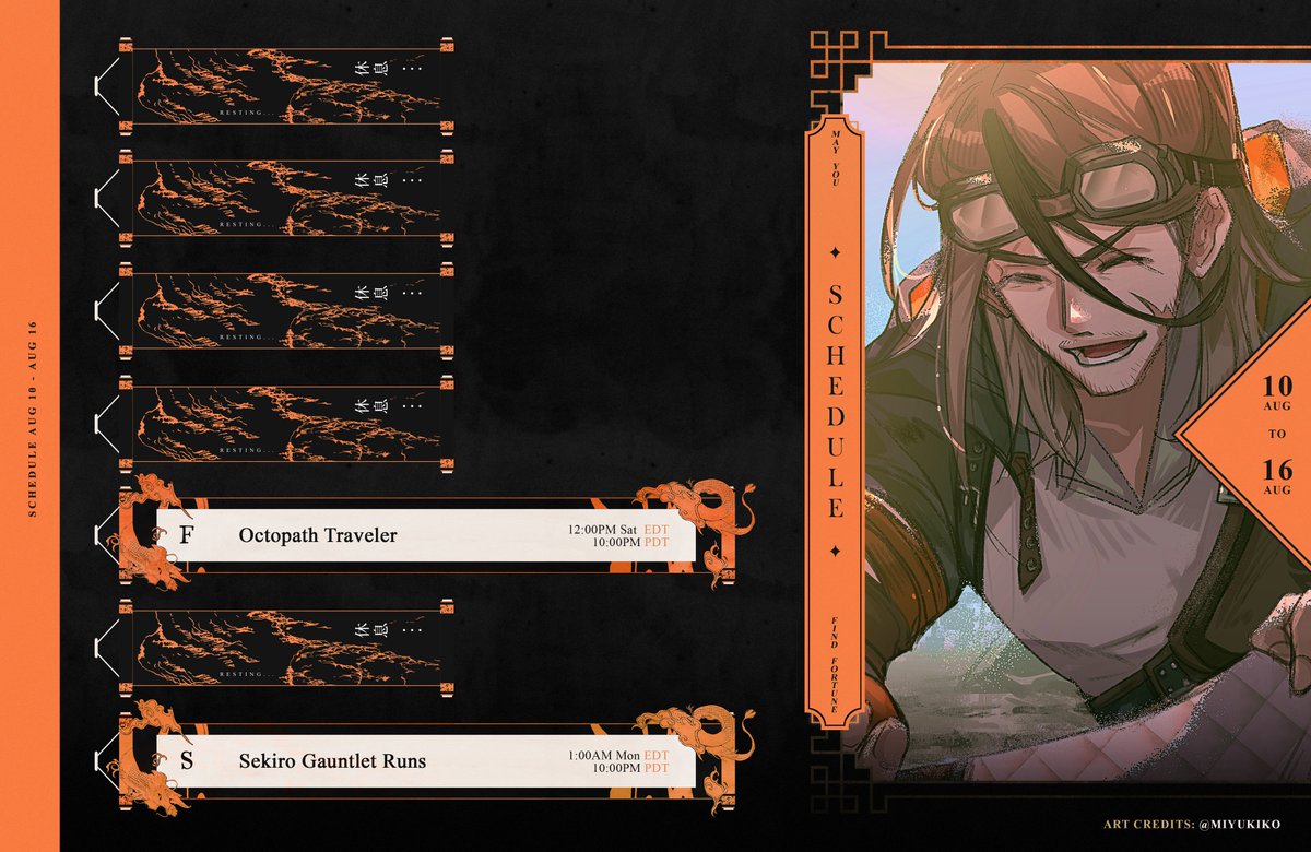 SolRuneholm's tweet photo. ☀️SCHEDULE☀️
☀️Aug 10 - Aug 16☀️
General - #SolRuneholm
Art Tag - #Runescriptions
Just waiting on a few more things to come in before the kickoff event!
Meanwhile, Octopath is coming back this week after a few weeks off and we are going to give Sekiro's Boss Gauntlets a shot! https://t.co/zb3I05PJZx