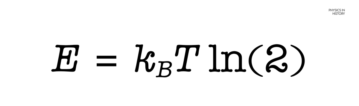PhysInHistory's tweet photo. Erasing one bit of information has a minimum thermodynamic cost of E = k_B T ln(2) under standard conditions, a fundamental limit proposed by Rolf Landauer in 1961 and experimentally verified in 2012. https://t.co/UKaBWlYlkY