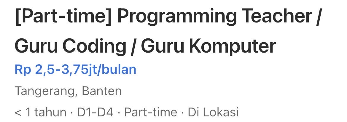 pituuyy_'s tweet photo. !INFO LOKER [URGENTLY HIRING]!!
Domisili Tangerang
- Teacher Coding Part-Time
- Teacher Coding Full-Time
- Teacher Design Part-Time

#lokertangerang #infoloker #loker #parttime #fulltime https://t.co/QUMAuXFYAd