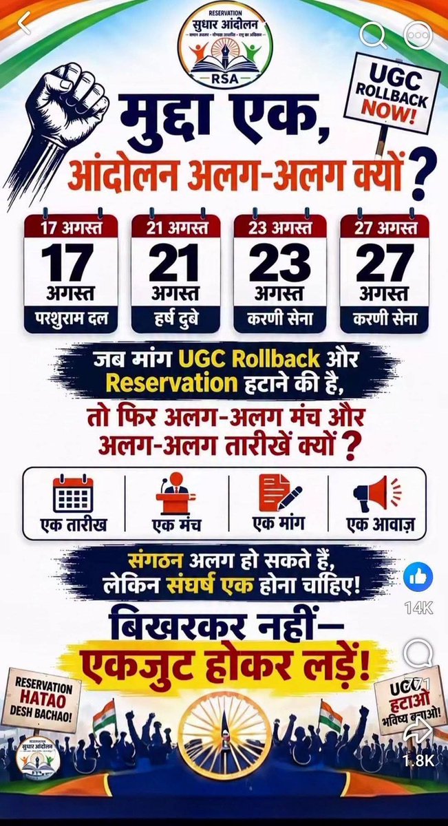 shuklajimp's tweet photo. आदरणीय बंधुओ यूजीसी रोल बैक और रिजर्वेशन हटाओ 
  
    दिनांक- 17 अगस्त,21 अगस्त,23 अगस्त,27 अगस्त 

दस दिन के अंदर चार आंदोलन आदमी समझ ही नहीं पाएगा किसमें जाना है किसमें नहीं। 

अलग-अलग आंदोलन करोगे

अलग-अलग तरीके से उठाओगे तो

आंदोलन उतना मजबूत नहीं रहेगा

जितना एक साथ करने से होगा।
     
जब आंदोलन के मुद्दे एक हैं फिर आंदोलन संगठित होकर एक साथ करो एक साथ मिलकर एक तारीख पर करो।
   जय श्री परशुराम
#RHA
