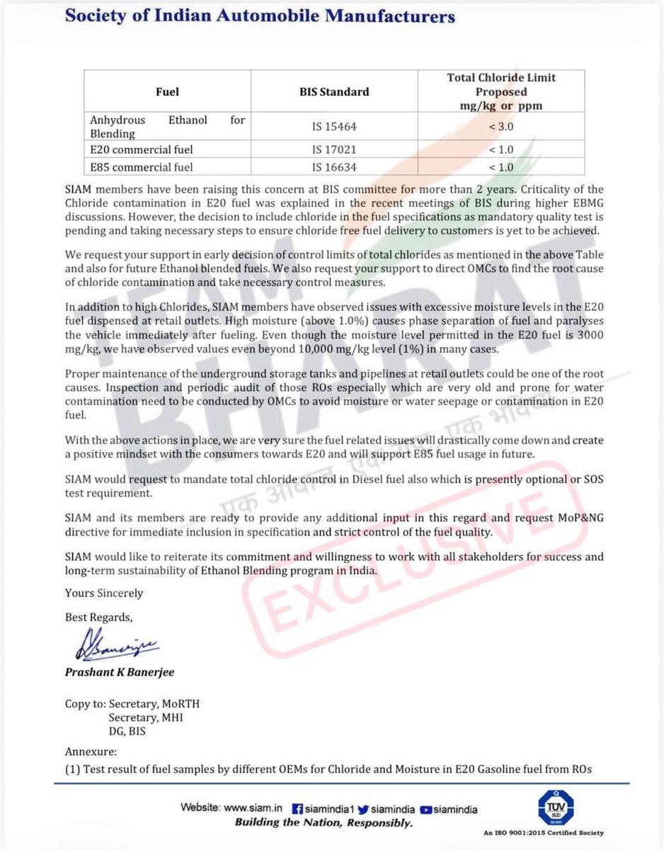 tehseenp's tweet photo. EXPOSED: The document the Government tried hard to erase.

​On July 28, 2026, SIAM officially warned the Union Govt that Excessive chloride in E20 petrol is actively damaging your vehicles.

​Instead of protecting your hard earned money & your vehicles the govt went after news articles that reported on this SIAM letter. 

 DOWNLOAD & SAVE THIS LETTER NOW before it gets pulled down again.

​To every politician across party lines: Stand up for the citizens of India today, or admit you don't serve them.

​Team Bharat accepts full responsibility for releasing this suppressed letter. We do not fear the consequences. The truth belongs to the public.
​Jai Hind 🇮🇳

​Tehseen Poonawalla | Founder, Team Bharat