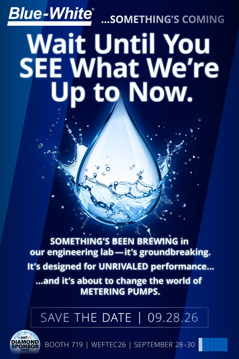BlueWhiteInd's tweet photo. Something's Coming to WEFTEC26 - Booth 719 - You Have to See it to Believe it! #https://bit.ly/4tYwTiY #WEFTEC #groundbreaking #chemicalmetering #fluidfeed #bluewhite https://t.co/EGbphx0kvV