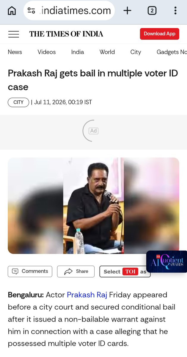 Questio05585171's tweet photo. @zoo_bear @prakashraaj Clip cutwa will not tell fraud  Prakash  Raj is out on Bail for having  multiple  voter I'd cards. https://t.co/gpQ9dRoK2G