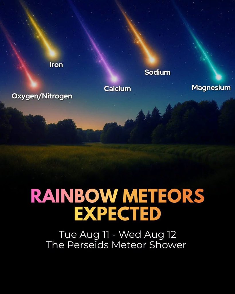 AstronomyVibes's tweet photo. Colorful fireballs are expected next week!

The highly anticipated peak of the 2026 Perseid meteor shower is arriving on the night of August 11–12, offering stargazers a stunning celestial show. 

To catch the absolute best views, experts recommend heading to a dark location far from city lights between the hours of 2:00 AM and 4:30 AM local time. Be sure to give your eyes about 15 to 20 minutes to adjust to the darkness. 

While you can look toward the northeast near the constellation Perseus to find their origin, these meteors can streak across any part of the sky—and you won't need telescopes or binoculars to enjoy the spectacle.

What makes the Perseids truly magical is their vibrant, multicolored display.

 Entering Earth's atmosphere at a blinding 132,000 mph (212,000 km/h), these tiny particles compress and heat the air, exciting atoms to release distinct hues. Observers can look out for red from atmospheric oxygen and nitrogen, yellow-gold from iron, violet from calcium, orange from sodium, and blue-green from magnesium. Because these fragments often contain multiple elements, they can change colors mid-flight, leaving behind the brilliant fireballs and long-lasting, glowing wakes that NASA notes make the Perseids the year's premier meteor event.

source: NASA. (2026). Summer Star Shower: Watch the Perseids with NASA! NASA Marshall Space Flight Center.