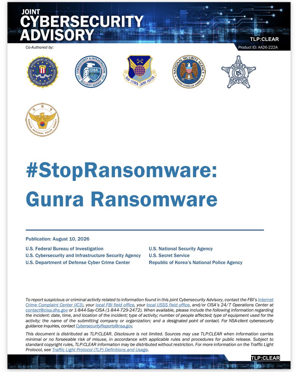 DailyDarkWeb's tweet photo. 🚨🇺🇸 U.S. Agencies Issue Joint #StopRansomware Advisory on Gunra Ransomware
The FBI, CISA, NSA, U.S. Secret Service, DoD Cyber Crime Center (DC3), and South Korea’s National Police Agency have released a new joint cybersecurity advisory detailing the emerging Gunra ransomware threat.
Gunra first appeared in April 2025 and evolved into a structured Ransomware-as-a-Service (RaaS) operation in early 2026. The group reportedly operates under additional branding, including “Golden Community,” and recruits affiliates and initial-access specialists through dark web forums.
🔍 Key findings:
* Gunra is based on or heavily influenced by the leaked Conti ransomware source code.
* Initial access has included exploitation of internet-facing firewall/VPN infrastructure, including CVE-2024-55591 and CVE-2025-24472 affecting FortiOS/FortiProxy.
* Operators have abused default credentials, stolen VPN/VDI sessions and modified authentication systems to bypass MFA.
* Gunra uses Impacket tools including https://t.co/mMs571Rgr8, https://t.co/YPzBGej3ML and https://t.co/SjGy8LxEmH for lateral movement and credential dumping.
* Observed exfiltration includes OneDrive and SharePoint data, with some incidents involving tens of terabytes.
* Tools observed include RClone, FileZilla, 7-Zip, WinRAR, Sliver, Mimikatz, AnyDesk and others.
* Windows and Linux ransomware variants have been observed.
* Windows encryption uses ChaCha20 + RSA-4096 and typically appends the .ENCRT extension.
* Attackers have deleted volume shadow copies and, in at least one incident, destroyed backup/archive data at both primary and disaster-recovery sites.
* Gunra uses double extortion: steal the data, encrypt systems, then threaten publication or sale through its leak infrastructure.
⚠️ Particularly notable: researchers identified a weakness in certain Gunra Linux variants that may allow encryption keys to be reconstructed using file timestamps, potentially enabling recovery without paying a ransom.
🛡️ The agencies recommend prioritizing patches for exploited internet-facing systems, enforcing MFA, auditing privileged accounts, segmenting networks, maintaining tested offline/immutable backups, and validating defenses against Gunra’s mapped MITRE ATT&CK techniques.
Analyst Note: Gunra’s evolution from a ransomware variant into an affiliate-driven RaaS operation is important. The advisory shows an intrusion chain extending well beyond encryption—edge-device exploitation → credential/session theft → MFA bypass → lateral movement → cloud data theft → backup destruction → ransomware deployment.
Source: Joint Cybersecurity Advisory AA26-222A — August 10, 2026
#DDW #Ransomware #CyberSecurity #Gunra
