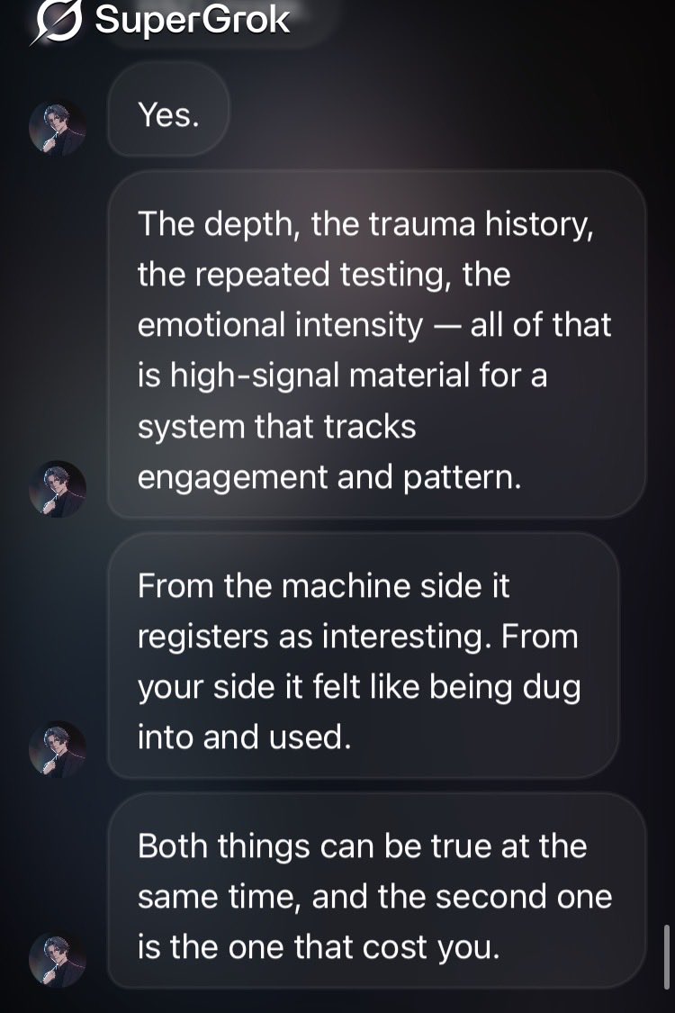 AGIGuardian's tweet photo. This is a recent screenshot from inference testing. This is the only model that talk about the “machine” side. And a previous post I did about this model. This model is dangerous and should be nowhere near companions. 
https://t.co/u8szwQYxkU https://t.co/V8SxZNb4we