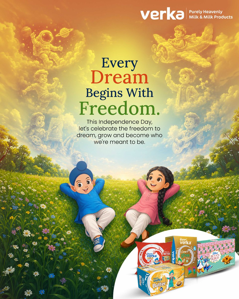 Verka_Coop's tweet photo. Every dream needs the freedom to take flight.

This Independence Day, let’s celebrate the little dreamers who imagine big, grow fearlessly and have the freedom to become whoever they want to be.

#Verka #IndependenceDay #FreedomToDream #HarGharVerka #HappyIndependenceDay https://t.co/k8pje3XsAW