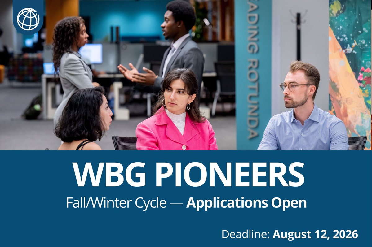 WorldBankIndia's tweet photo. CLOSING SOON: WBG Pioneers is @WorldBankGroup’s premier internship program for undergraduate and postgraduate students, offering practical experience, impactful projects and direct exposure to the World Bank Group’s mission. Apply: https://t.co/omEUPI9dJm https://t.co/IyvAMsy9VZ
