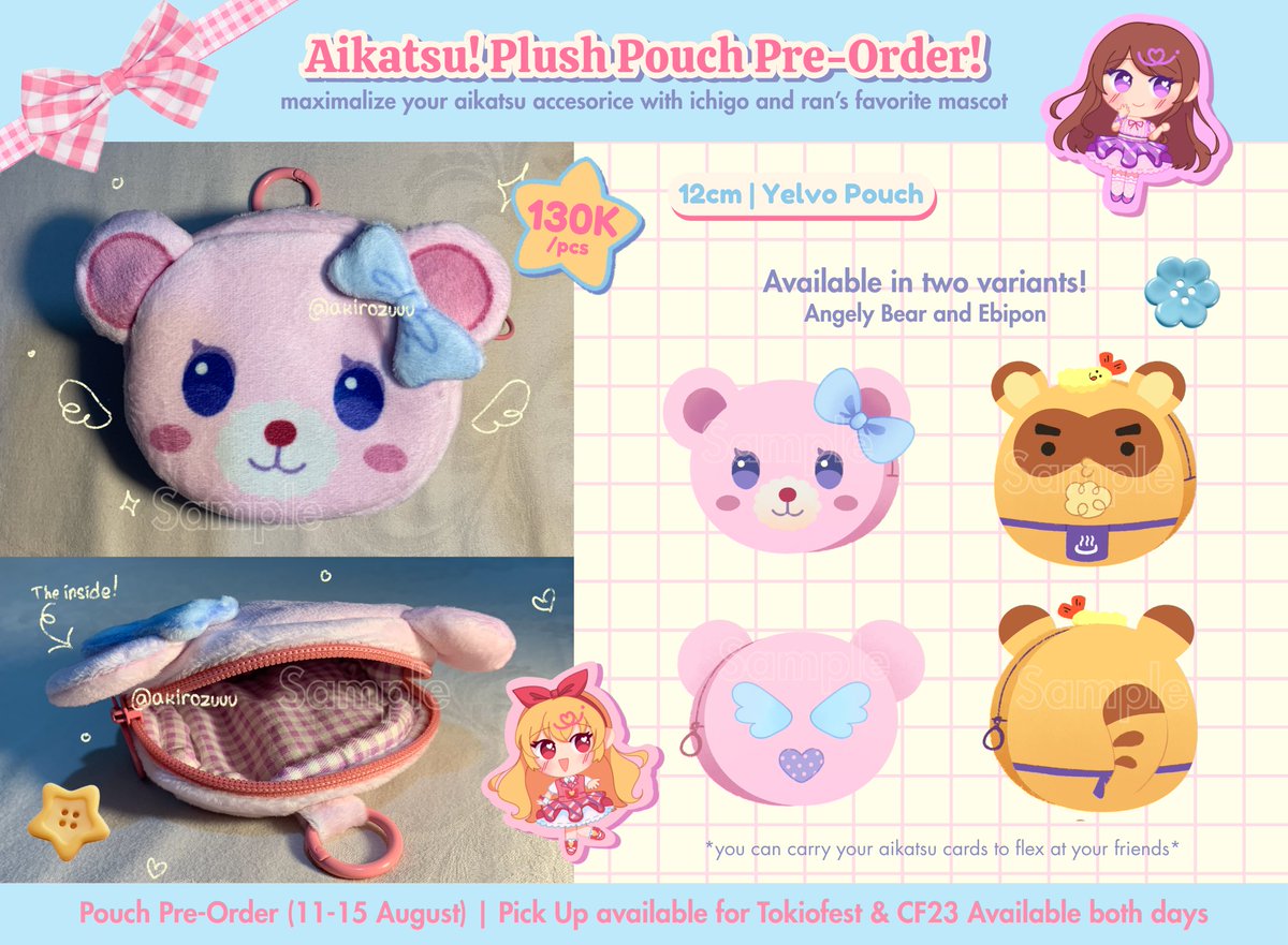 Akirozuuu's tweet photo. ♡ + ↻ are very appreciated 🩵

My Aikatsu Plush Pouch Pre-Order for #TOKIOFEST and #CF23 is open!

Available for Angely Bear🪽 &amp; Ebipon🍤

📆 PO Period: 11-15 August
📍 TOKIOFEST &amp; CF23 PICK UP AVAILABLE
🔗 link down below!

#cf23catalogue #cf23preorder #Aikatsu https://t.co/jpz1BRoteM