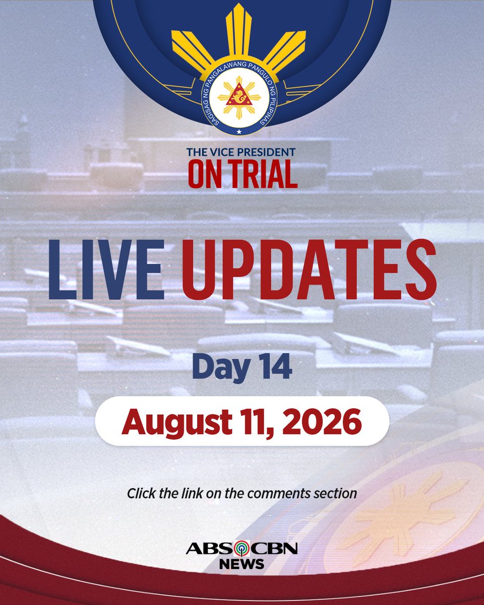 ABSCBNNews's tweet photo. Samahan ang ABS-CBN News sa pagtutok sa ika-14 araw ng impeachment trial ni Vice President Sara Duterte ngayong Martes, August 11, 2026.
Panoorin ang aming live coverage sa iba't ibang platform. #VPOnTrial
I-refresh ang thread na ito para sa updates. https://t.co/yc9adOlLrN