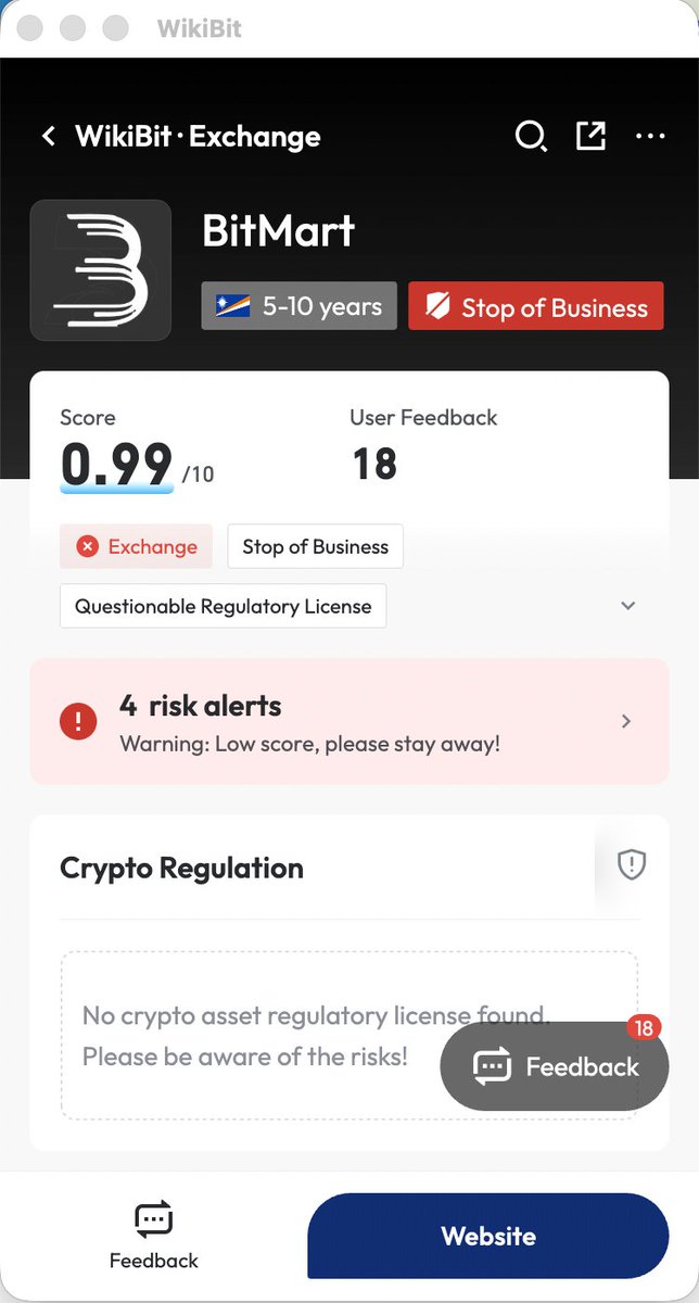 WikiBitOfficial's tweet photo. Where is BitMart really based?
❌ Not licensed in Caymans (CIMA confirms).
📍 Marshall Islands = just a mail drop.
🏢 Jersey City office? Possibly under Bachi Tech.
Jurisdiction = unclear. Insolvency venue = unknown.
This is getting stranger. Follow for updates. 👀

#Crypto #Scam #WikiBit