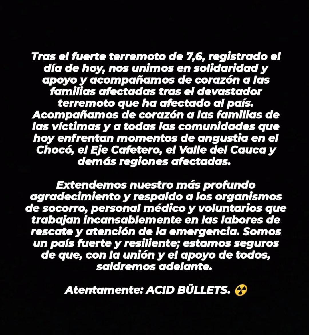 AcidBullets_'s tweet photo. Tras el fuerte terremoto de 7,6, registrado el día de hoy, nos unimos en solidaridad y apoyo y acompañamos de corazón a las familias afectadas tras el devastador terremoto. Atentamente: ACID BÜLLETS. ☢️ https://t.co/zo4LKcYMn3