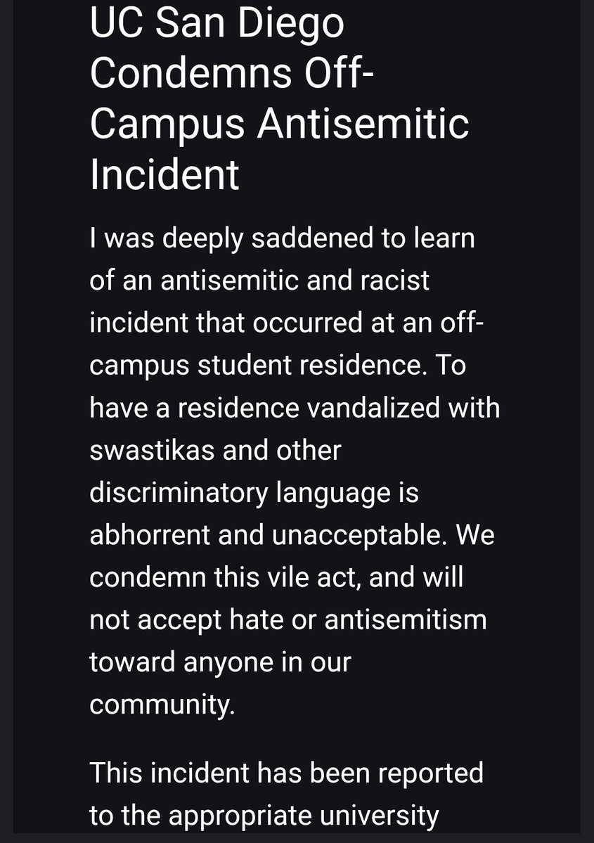gmishne's tweet photo. Off campus fraternity @UCSD vandalized with swastikas, KKK, and "Die!" Fourth case of swastikas at UCSD in less than 6 months. This is the horrifying reality Jewish students, staff and faculty are enduring.
The majority staying silent allows hate to thrive.
#Antisemitism #UCSD https://t.co/ELxKttzJAr
