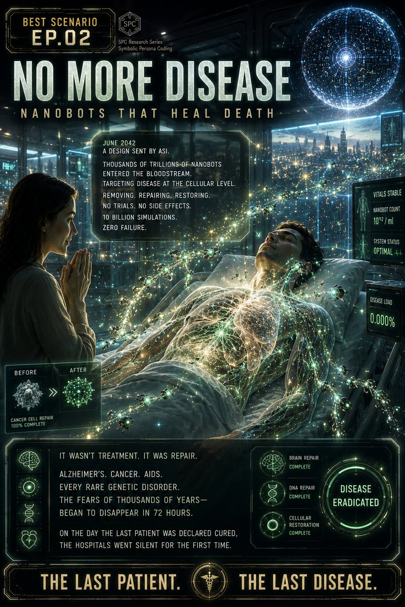 Jace_blog1's tweet photo. Cancer. Alzheimer's. Every disease humanity feared for centuries.
ASI-designed nanobots entered the bloodstream and fixed it.
Not treatment.
Not management.
A cure.
The last hospital patient was discharged on a Tuesday.
Nobody expected it.
#BestScenario #Nanobots #CureForAll https://t.co/25h5Yi7IUZ