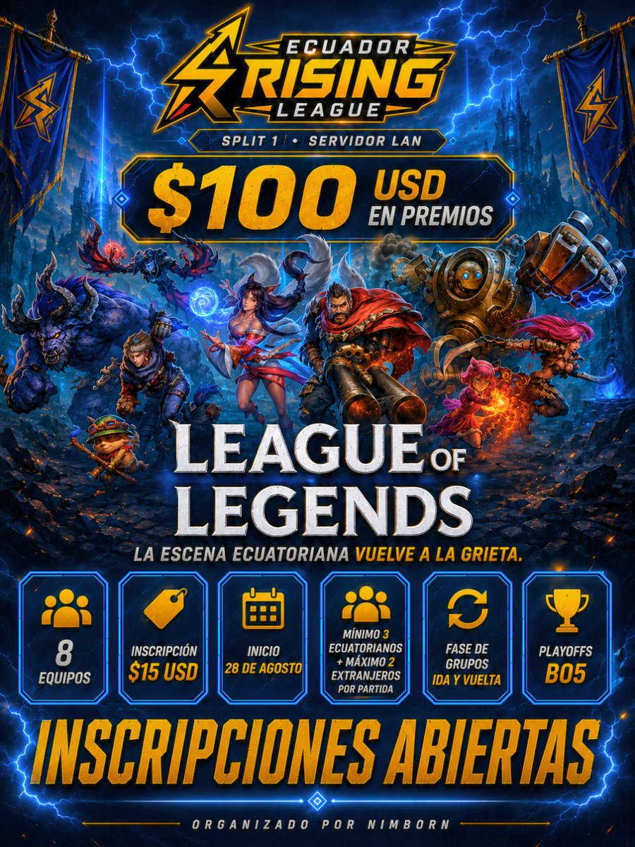 Nimborn_lol's tweet photo. 🇪🇨 𝐄𝐂𝐔𝐀𝐃𝐎𝐑 𝐑𝐈𝐒𝐈𝐍𝐆 𝐋𝐄𝐀𝐆𝐔𝐄 𝟐𝟎𝟐𝟔 

🏆 $100 premios 
💵 $15/equipo
👥 8 equipos · 🌎 LAN
📅 Inicio: 28 de agosto
👤 Roster: 5 + hasta 2 suplentes

🔗 https://t.co/evknz6CWsp

#ERL2026 https://t.co/tqbANWTngT