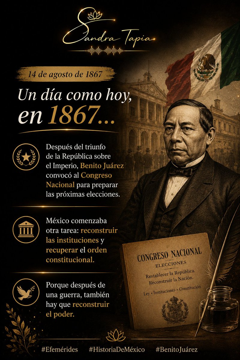 sandrabtapia's tweet photo. 🇲🇽 Un día como hoy, en 1867…

Después del triunfo de la República sobre el Imperio, Benito Juárez convocó al Congreso Nacional para preparar las próximas elecciones.

Porque después de una guerra, también hay que reconstruir el poder.

#Efemérides #HistoriaDeMéxico #BenitoJuárez https://t.co/phM6g6jFGC