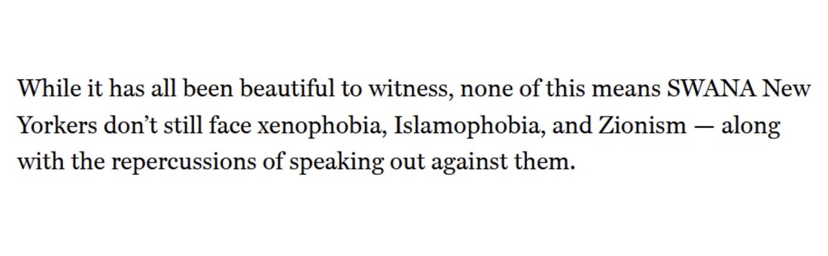 JGreenblattADL's tweet photo. This @NYMag article has too many issues to count. But one line really stands out: “[SWANA New Yorkers] still face xenophobia, Islamophobia, and Zionism — along with the repercussions of speaking out against them.”

Now replace “Zionism” with its definition: “...still face xenophobia, Islamophobia, and the Jewish people’s right to self-determination in their ancestral homeland...”

Calling for other peoples’ self-determination while labeling the Jewish people’s request for the same treatment as hate is not factual — its a blatant, disgusting double standard.

By defining Zionism as hate, the author apparently thinks she has permission to rewrite Jewish history, erase Mizrahi identity and reinvent the history of the MENA region itself — or, as she calls it, SWANA — a term supposedly meant to promote regional self-determination....quite the irony.

More on this to come.