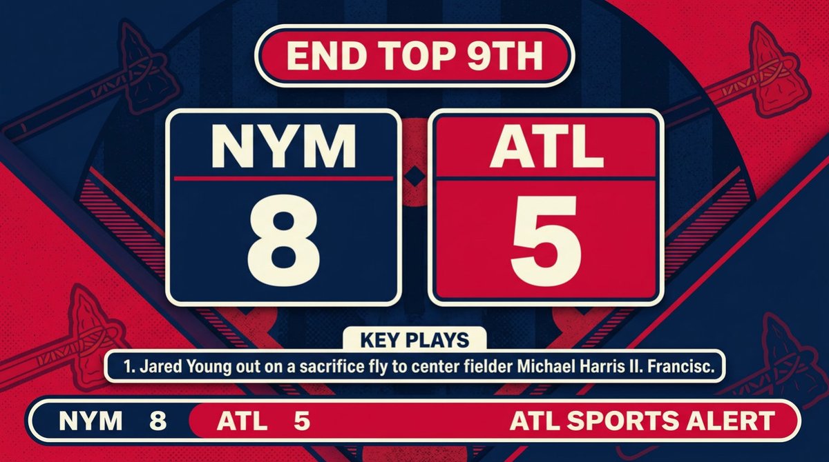 404SportsGang's tweet photo. #Braves — End of Top 9th. Score: NYM 8, ATL 5.

Key plays:
• Jared Young out on a sacrifice fly to center fielder Michael Harris II. Francisco Lindor scores.

#Bravescountry https://t.co/EoIK3ipW6p