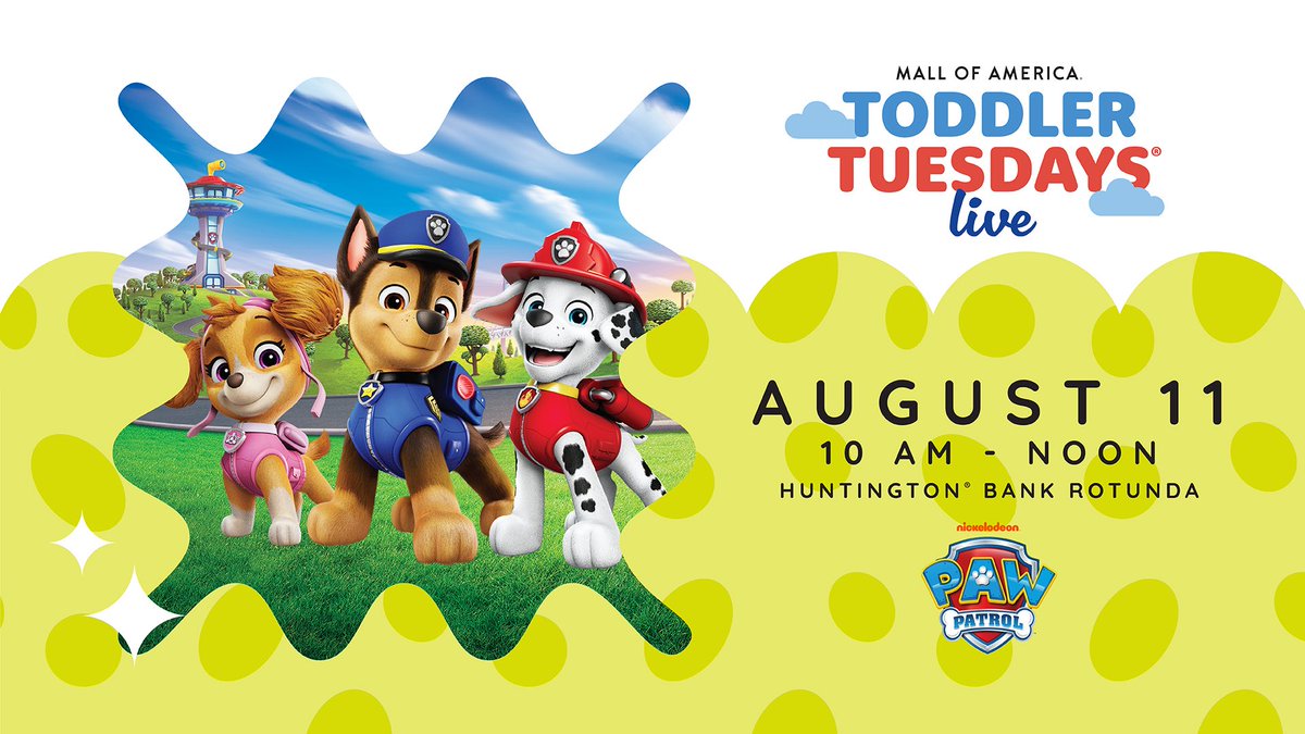 NickUniverse's tweet photo. Calling all little pups! 🐾

We’re celebrating @mallofamerica’s 34th birthday with PAW Patrol at Toddler Tuesdays LIVE! 🎂🦖 Join us tomorrow, August 11 from 10 a.m. – noon in the Huntington Bank Rotunda for treats, coloring, birthday surprises + dino themed fun inspired by PAW Patrol: The Dino Movie!