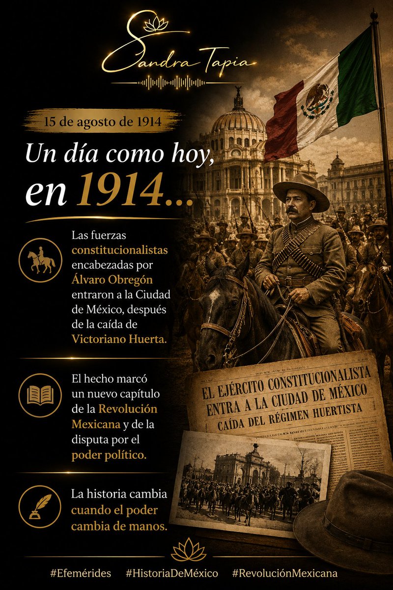 sandrabtapia's tweet photo. 🇲🇽 Un día como hoy, en 1914…

Las fuerzas constitucionalistas encabezadas por Álvaro Obregón entraron a la Ciudad de México, después de la caída de Victoriano Huerta.

#Efemérides #HistoriaDeMéxico #RevoluciónMexicana #15deagosto https://t.co/jMiR6NSZrh