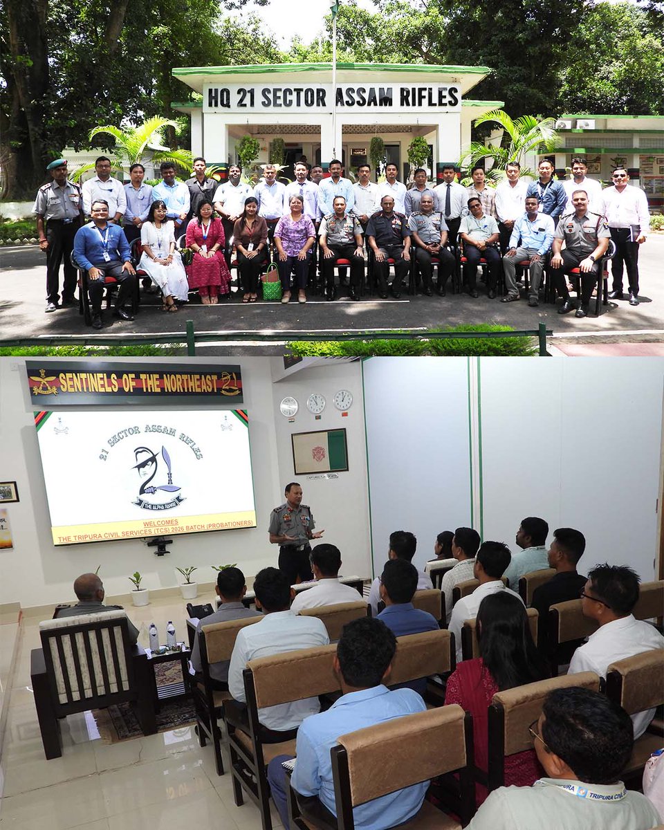 official_dgar's tweet photo. ASSAM RIFLES HOSTS 27 TRIPURA CIVIL SERVICES PROBATIONERS FOR PROFESSIONAL ORIENTATION AT AGARTALA

#AssamRifles hosted 27 probationers of the Tripura Civil Services (TCS) Batch 2026 at HQ 21 Sector Assam Rifles, Agartala on 10 Aug 2026 as part of their professional orientation.

The probationers were briefed on the history, evolution, organisational ethos and operational roleof Assam Rifles, with insights into its contribution towards security, peace, nation-building and community engagement in Tripura. The interaction enhanced understanding of the Northeast’s unique security landscape and reinforced the importance of civil-security cooperation for a peaceful, secure and progressive Tripura.

#friendsofthenortheast #sentinelsofnortheast #OperationalReadiness #CommunityFirst #NationFirst #ServiceBeforeSelf #GuardiansOfTheNation

@HMOIndia @adgpi @PIBHomeAffairs