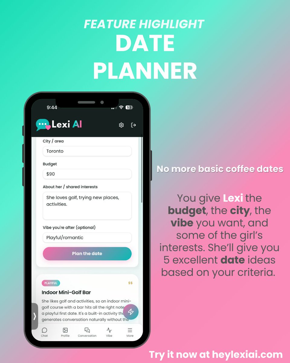 suitandsweats's tweet photo. No more basic coffee dates. Give Lexi the budget, the city, and what you know about her — she hands you 5 date ideas that actually fit, not a generic top-10 list.
#FirstDate #DatingTips #DateIdeas @HeyLexiAi https://t.co/FCU1VZIIsH