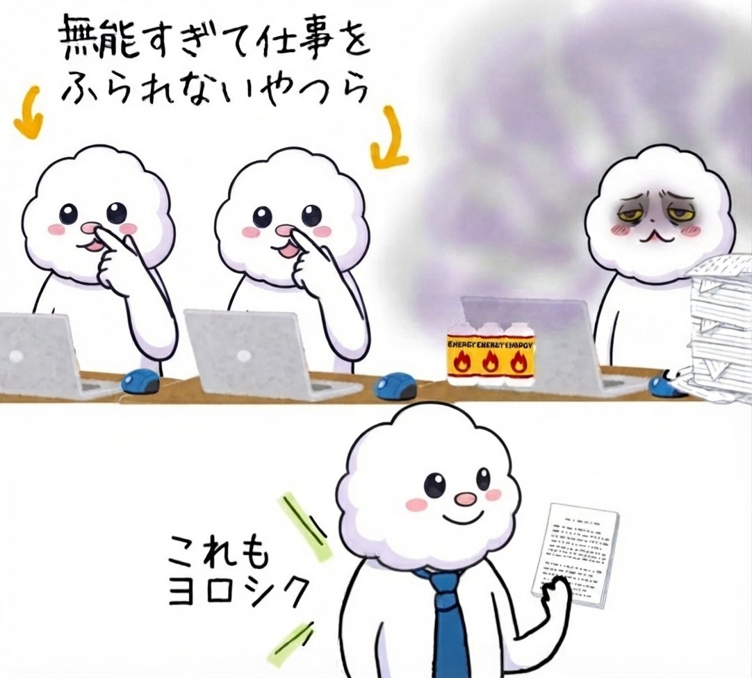 emo_yuru's tweet photo. 社会人になって驚いたこと。

業務量は平等じゃないのに、給料は平等。 https://t.co/sfWJM6n63Y