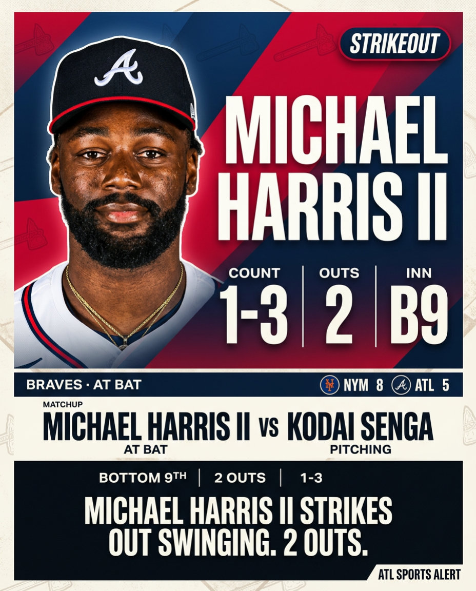 404SportsGang's tweet photo. ⚾️K #Braves — Bottom 9th. Michael Harris II strikes out swinging. 2 outs.
NYM 8-5 ATL • 2 outs

#Bravescountry https://t.co/zcdJxUZBrr