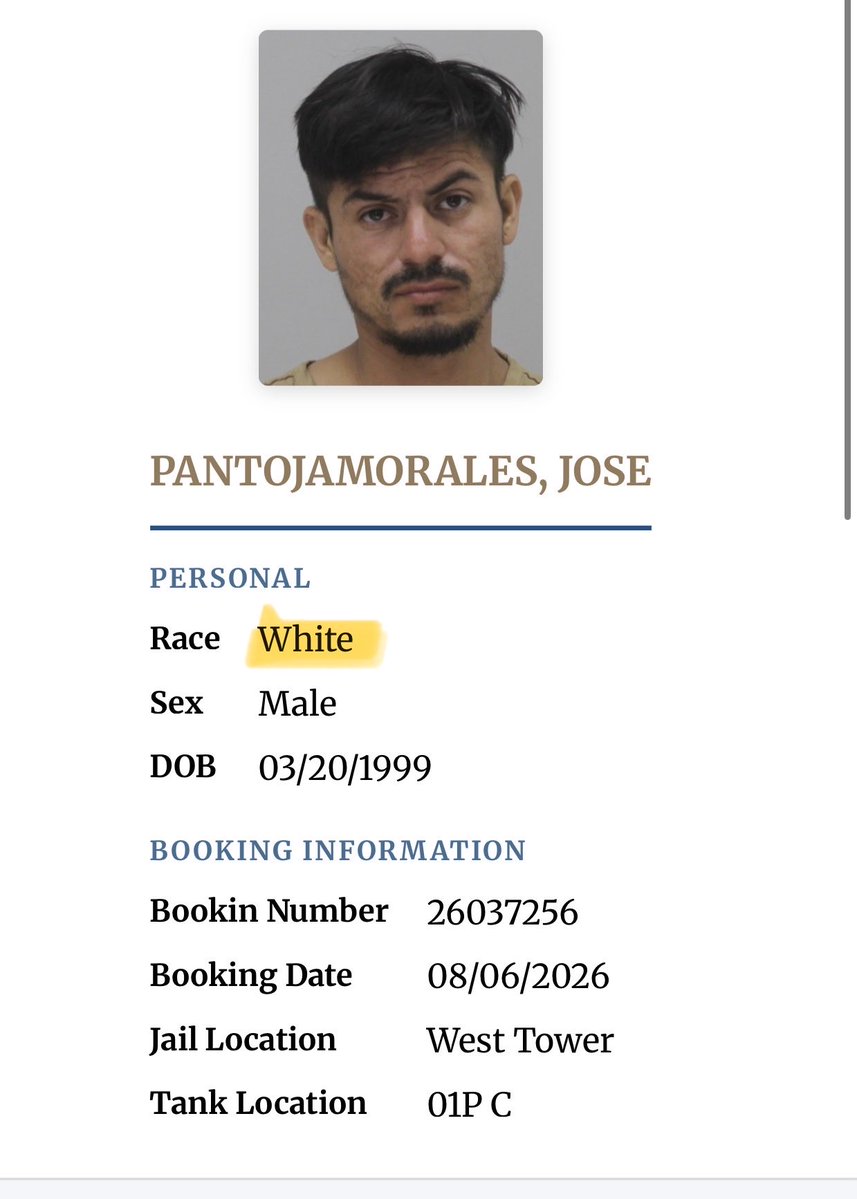 thatsnotawhite's tweet photo. @libsoftiktok First off pray for officer jones.   Second, this illegal alien, even with an option to choose Hispanic, the categorized him as a “White” guy.   So ridiculous.  
Hey! That’s not a White! 
@DoDeportations https://t.co/1YYRVkn7nP