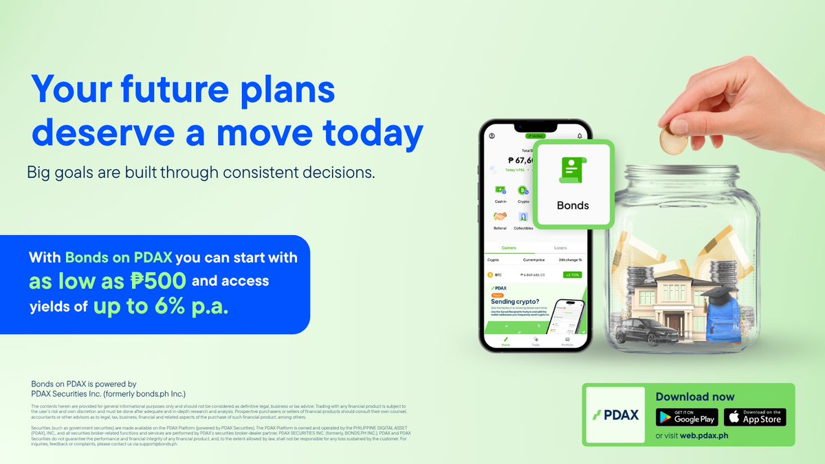pdaxph's tweet photo. The future may feel far away, but the steps toward it can start today.

Whether you’re planning for a home, further studies, a business, or simply more financial breathing room, big goals are rarely built through one big move.

They’re built through smaller decisions made consistently over time 🌱

With Bonds on PDAX, you can access government securities starting at ₱500, with yields of up to 6% p.a.

Start with what you can today, then keep building toward what comes next. 📲 #YourNextMoneyMove #BondsPH
