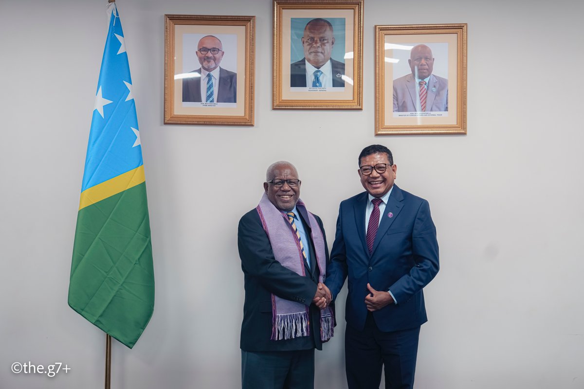 g7plus's tweet photo. Honiara, 10 Aug 2026 — The @g7plus Secretariat met with Hon. Rick Nelson Houenipwela, MP, Minister for Foreign Affairs and External Trade of Solomon Islands and Chair of the g7+, to discuss priorities for the 2026–2028 Solomon Islands Chairmanship.

Led by Secretary-General Dr. Hélder da Costa, discussions focused on preparations for UNGA 2026, including a proposed g7+ High-Level Summit in New York, the Rapid Response Advisory Centre, Solomon Islands’ ratification of the g7+ Charter, and strengthening member-state ownership and financial sustainability.

The meeting also highlighted the need for stronger g7+ engagement in the Pacific, particularly on climate change impacts and advocacy for accessible, simplified climate finance.

Minister Houenipwela reaffirmed his commitment to strengthening g7+ solidarity, amplifying the collective voice of member states, and working closely with the Secretariat throughout the Chairmanship. #g7plus #UNGA2026