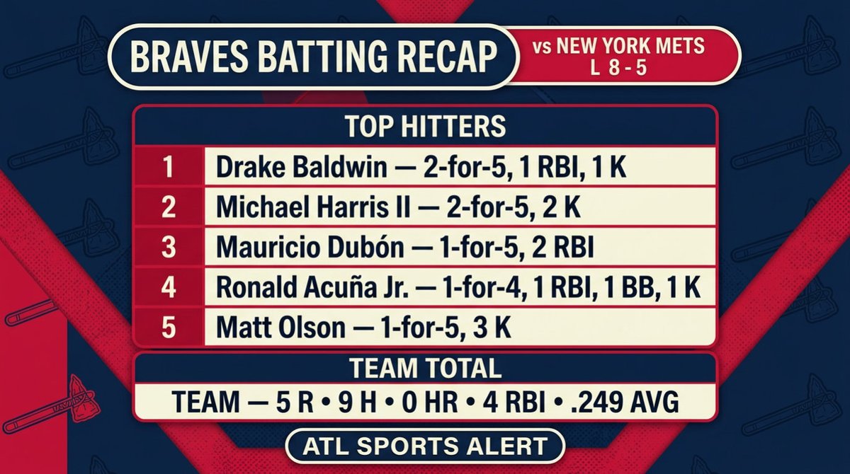 404SportsGang's tweet photo. 🪓 #Braves — BATTING RECAP

1. Drake Baldwin: 2-for-5, 1 RBI, 1 K
2. Michael Harris II: 2-for-5, 2 K
3. Mauricio Dubón: 1-for-5, 2 RBI
4. Ronald Acuña Jr.: 1-for-4, 1 RBI, 1 BB, 1 K

TEAM: 5 R • 9 H • 0 HR

#Bravescountry https://t.co/2zZHIOBDWn