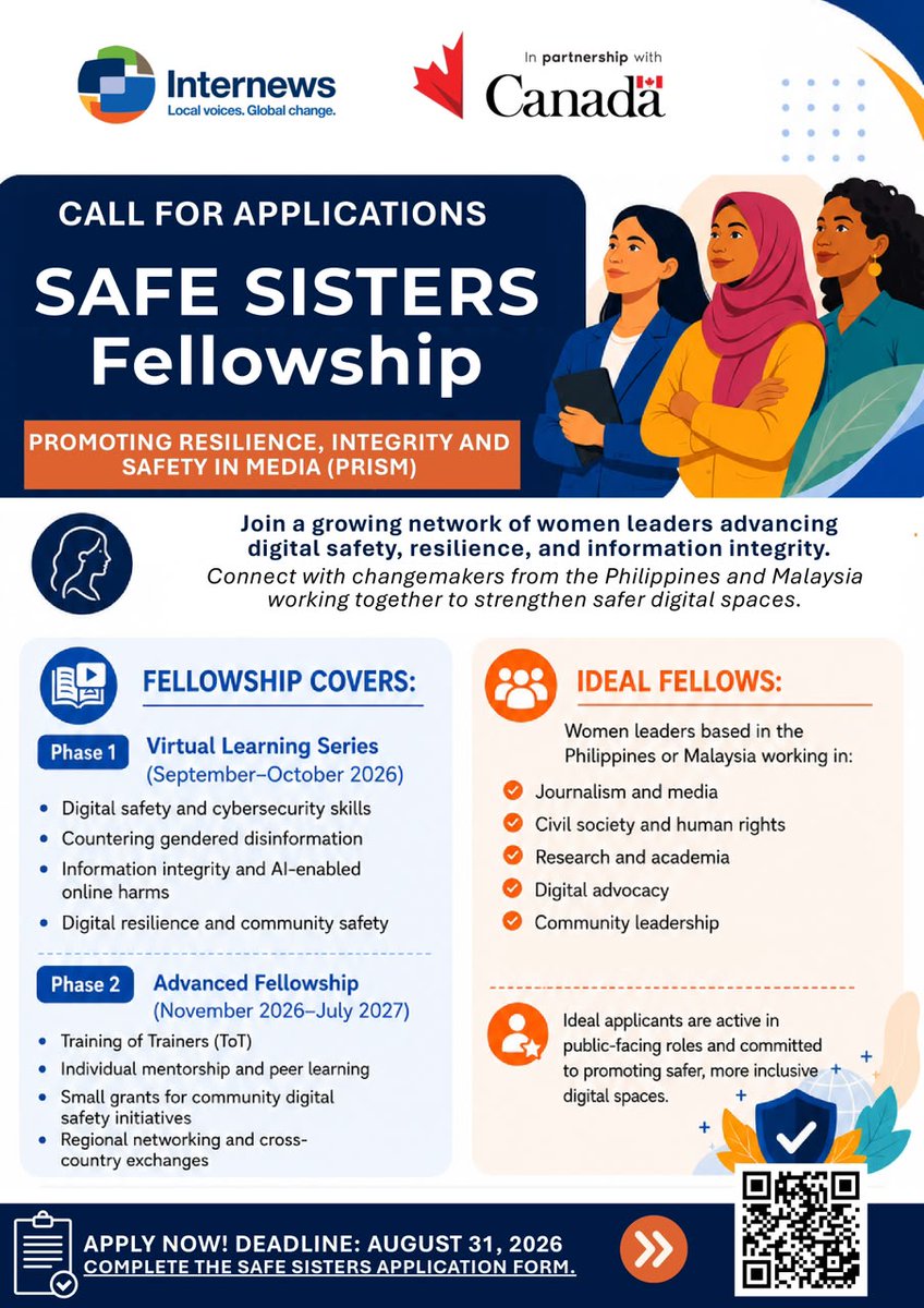 CanEmbPH's tweet photo. .@CanEmbPH is pleased to share this call for applications for the Safe Sisters Fellowship, a regional initiative under Internews' Promoting Resilience, Integrity and Safety in Media (PRISM) project supported by the Government of Canada.
Scan the QR code below for more details.👇 https://t.co/gYurYWTodO