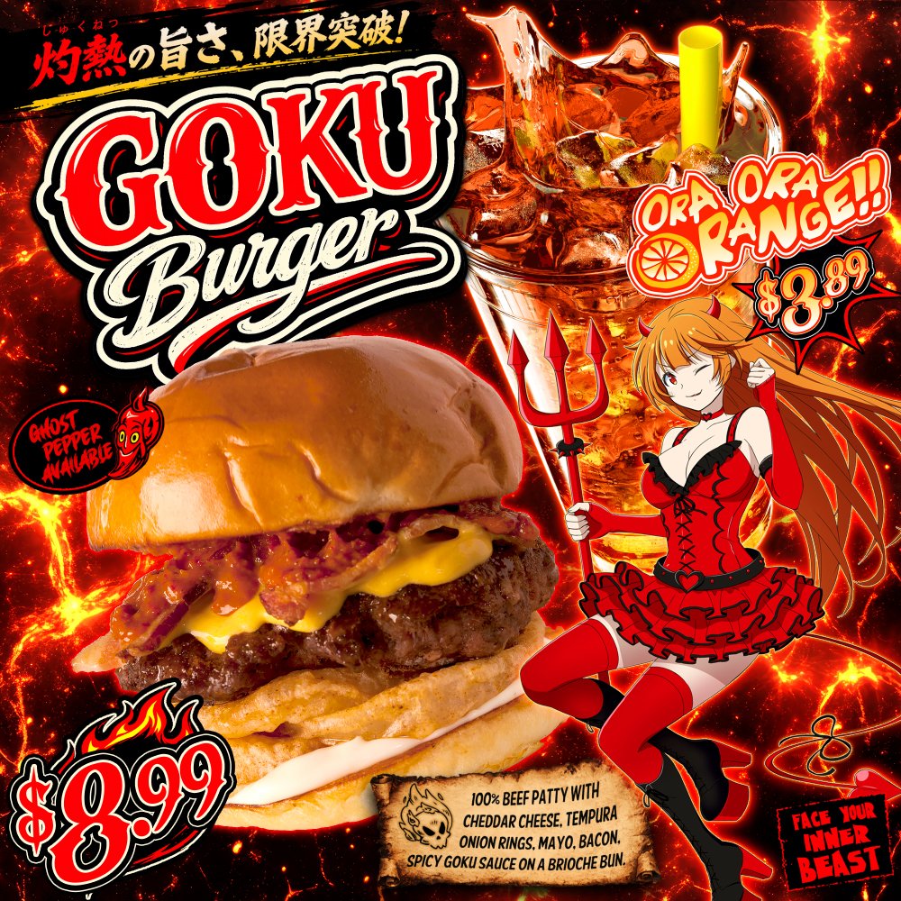 OkamotoKitchen's tweet photo. Haru faced her inner beast… and it put the Goku Burger on the menu.
Goku Burger + Ora Ora Orange — available for a limited time. https://t.co/we42AqVhvF