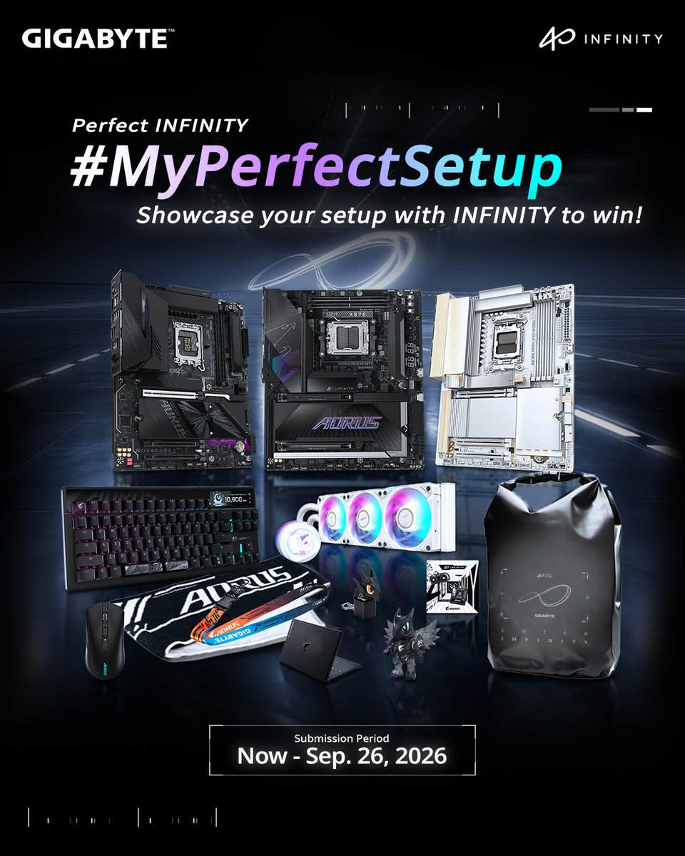 AORUS_ANZ's tweet photo. Wave 2 of the #MyPerfectSetup challenge is HERE! 🛠️✨
Celebrate 40 years of GIGABYTE with our new theme: Perfect INFINITY! Bring the INFINITY vibe to your screen and show off your setup to win 40th Anniversary Limited-Edition Prizes.
Choose your theme:
🔹 #PerfectInfinityView: Download and display our official INFINITY wallpaper.
🔹 #PerfectInfinityCraft: Redesign the INFINITY artwork and show it on your setup.
How to Join:
1️⃣ DISPLAY: Feature the official or custom INFINITY wallpaper on your screen.
2️⃣ POST: Share your setup photo/video publicly on social media.
3️⃣ TAG: Tag @aorus_official with #PerfectInfinityView or #PerfectInfinityCraft!
📅 Event Period: Now – Sep 26, 2026
Ready to level up your space? 🔗 Check full details: https://t.co/W2kjOQO7yV