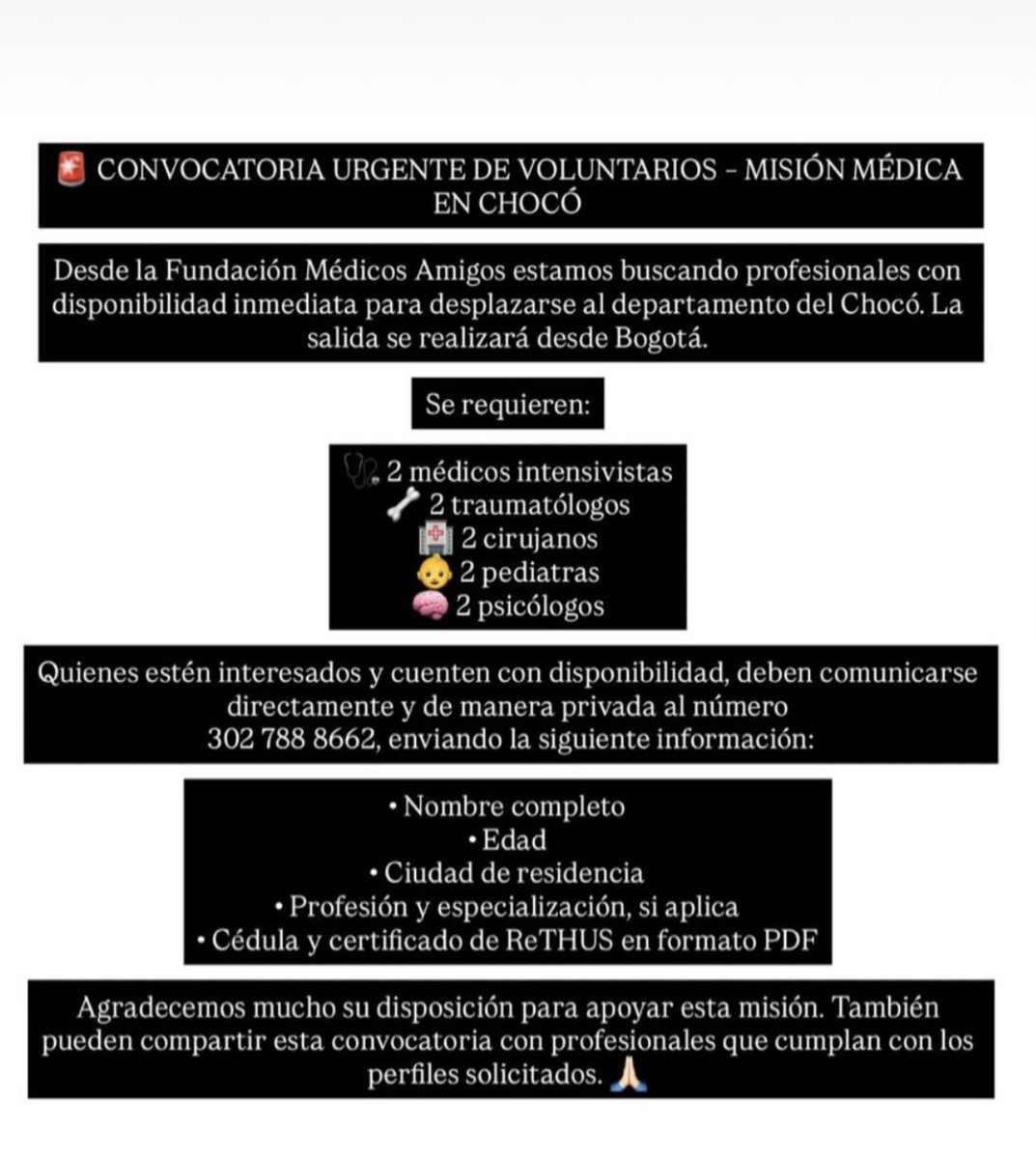 mcamilaaaaa12's tweet photo. URGENTE: Se necesita personal médico con disponibilidad inmediata para misión humanitaria en Chocó. Médicos, especialistas, odontólogos y psicólogos.

📲 302 788 8662
🙏 Difundir, por favor. https://t.co/UyzEX0BVyK