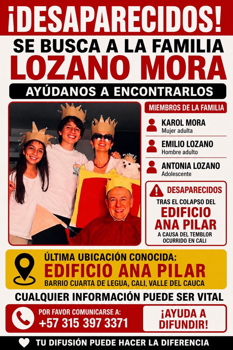 Futbolfpc's tweet photo. 🚨 En CALI. POR FAVOR DIFUNDIR. 

Familia Lozano Mora. Edificio Ana Pilar Carrera 56 # 3 - 88. Cualquier información por favor escribir a este número 3153973371. https://t.co/o2tu8VfD8G