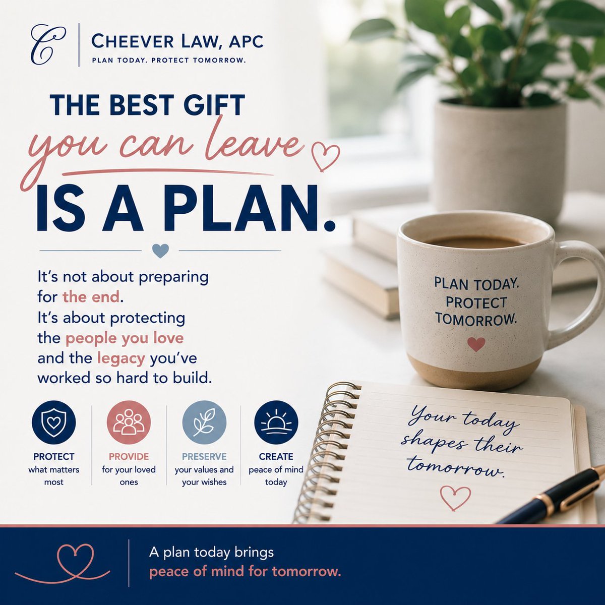 CheeverLaw's tweet photo. 🎁 The best gift you can leave your loved ones? A plan.

It’s not about preparing for the end. It’s about preparing for the people and future that matter most.

Because your legacy is more than what you leave behind. It’s the care and intention you put into protecting it. 💙 https://t.co/8Lu062Tflr