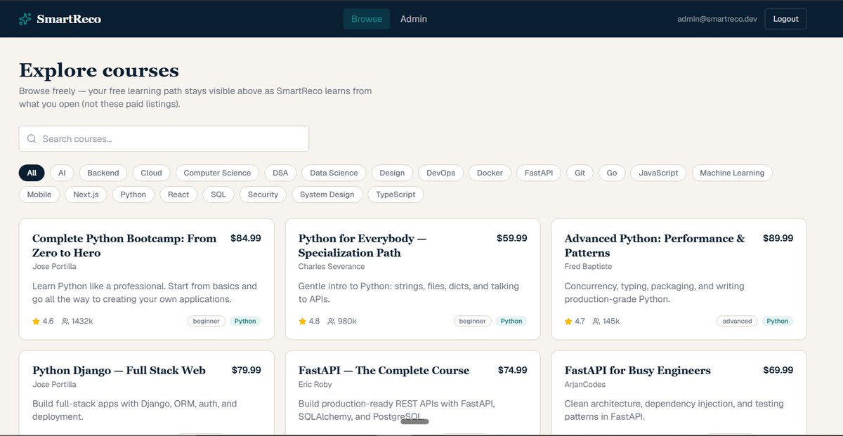 nitin93937331's tweet photo. Shipped my submission for the SmartReco hackathon 🚀

Built an agentic recommendation system that watches how you browse paid courses and proactively finds you free alternative resources 

https://t.co/SbemRslYIg

check it out - https://t.co/38okzJ38Ib https://t.co/8fU7F9gzzO