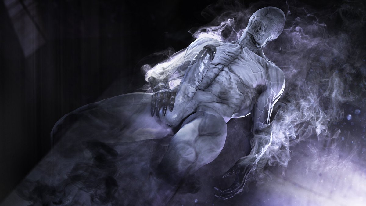 GRIMPORTENT's tweet photo. @GutsUndGlory Revealing himself usually draws fear, but.. He feels she may not be so easily scared.

So he steps out from the shadows, smoke emanating and vanishing from his form as he simply stared.

…Then, his right hand came up in an awkward wave. https://t.co/KMxVZZQwFl