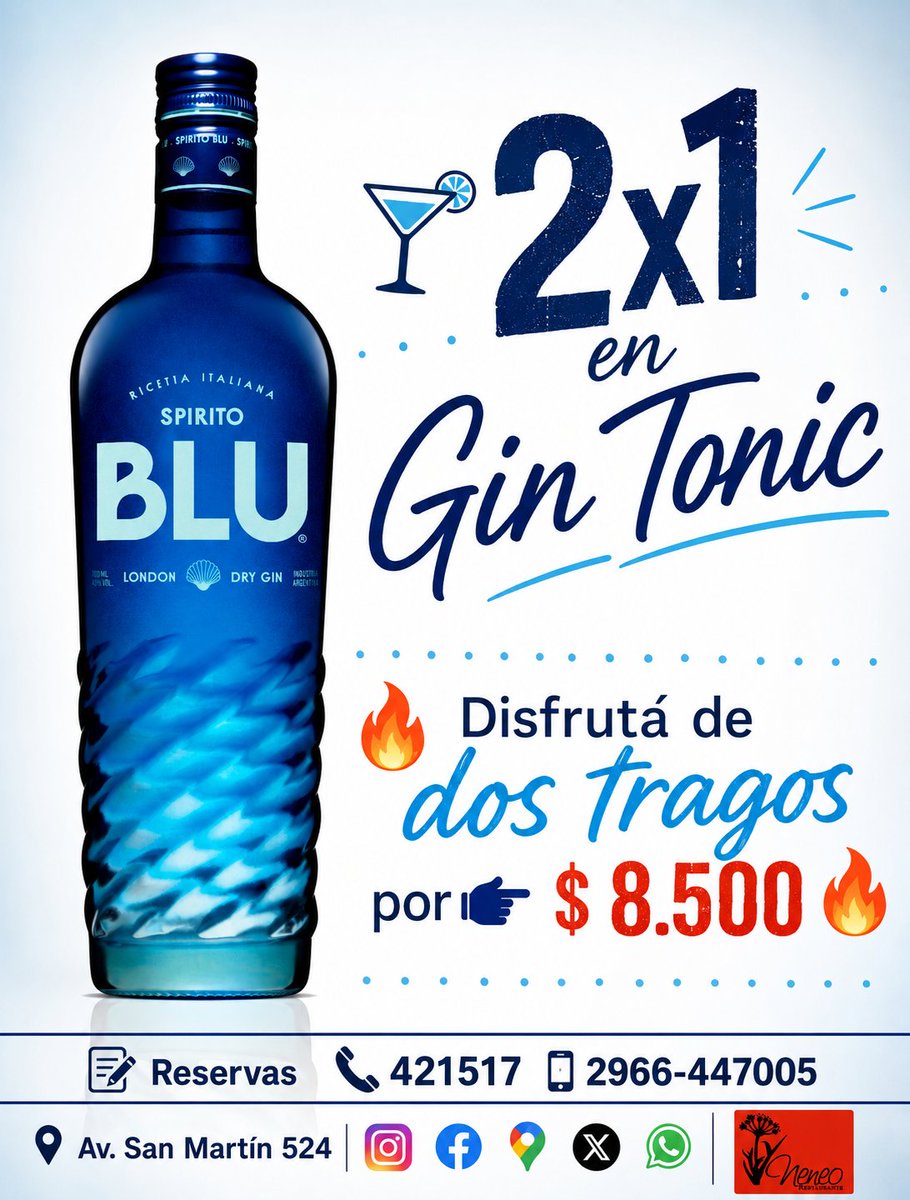NeneoRestaurant's tweet photo. 🍸 2x1 en Gin Tonic 🍸

🔥 Disfrutá de dos tragos por 👉 $ 8.500 🔥
🗓️ Del 11 al 18 de Agosto

📝 Reservas ☎️ 421517 📱2966-447005
📍 Av. San Martín 524

#Branca #SpiritoBlu #GinTonic #2x1 #Promo https://t.co/uDH9uqtsR6