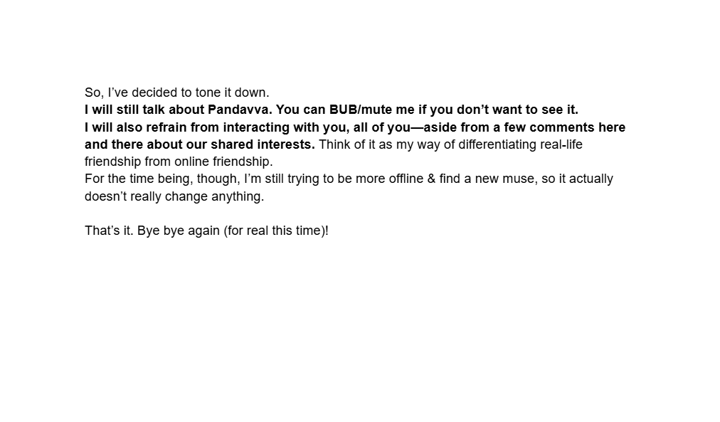 IMeowssage's tweet photo. This is less about Pandavva and more about how I view online friendships. But tl;dr : I'm currently trying to be more offline &amp; find a new muse, but when I do come back, I will still talk about them &amp; create things for them. BUB/block &amp; mute me if you're not comfortable with it! https://t.co/gR0xb6Oxtw