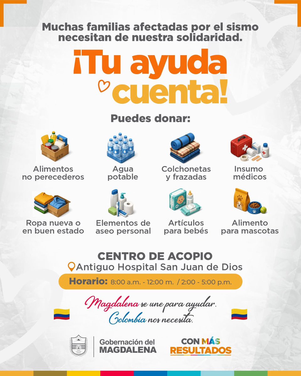 mmarguiguerra's tweet photo. Hoy  Colombia está atravesando un momento difícil tras el sismo de magnitud 7,4 registrado en Chocó, que deja víctimas y familias afectadas. Desde el Magdalena abrazamos y acompañamos a las comunidades de Chocó, Valle del Cauca, Quindío, Risaralda y Caldas y demás zonas afectadas. 

En nuestro departamento, hasta el momento, no se reportan afectaciones ni personas lesionadas. Seguimos atentos, con monitoreo permanente y trabajando de manera articulada con los municipios y organismos de socorro.

A todos los magdalenenses les pido mantener la calma, estar atentos y, sobre todo, informarse únicamente a través de los canales oficiales.

Pero también quiero invitarlos a algo muy especial: a ayudar. ❤️🇨🇴

Habilitamos un punto de acopio en el antiguo Hospital San Juan de Dios, donde estaremos recibiendo alimentos no perecederos, agua, colchonetas, frazadas, ropa, elementos de aseo, artículos para bebés, alimento para mascotas e insumos médicos.

📍 Antiguo Hospital San Juan de Dios
🕗 8:00 a. m. a 12:00 m. | 2:00 p. m. a 5:00 p. m.

Hoy el Magdalena está bien, pero hay familias en Colombia que necesitan de nosotros.

Los invito a que, entre todos, hagamos sentir la solidaridad del Magdalena.

¡Tu ayuda cuenta! 🇨🇴